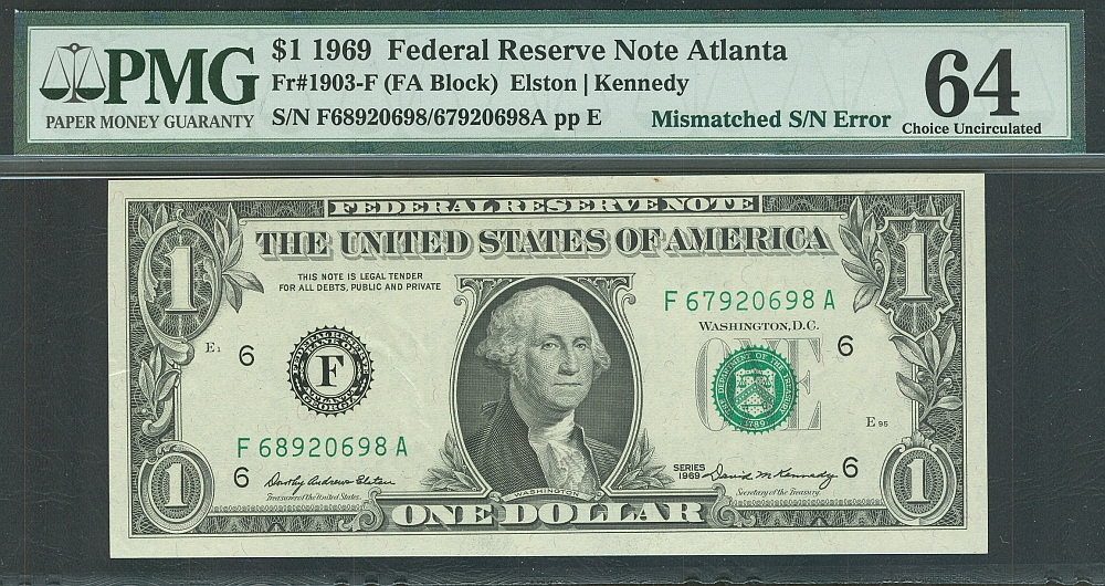 Mismatched Serial Number Error, 1969 $1 Atlanta FRN F68920698A/F67920698A, vChCU, PMG-64